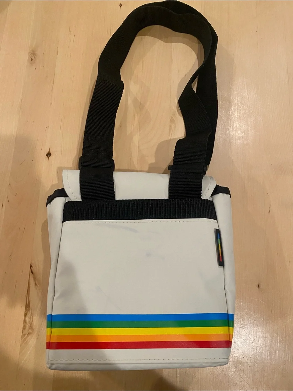 Polaroid White Messenger Bag with Rainbow Stripes and Black Strap